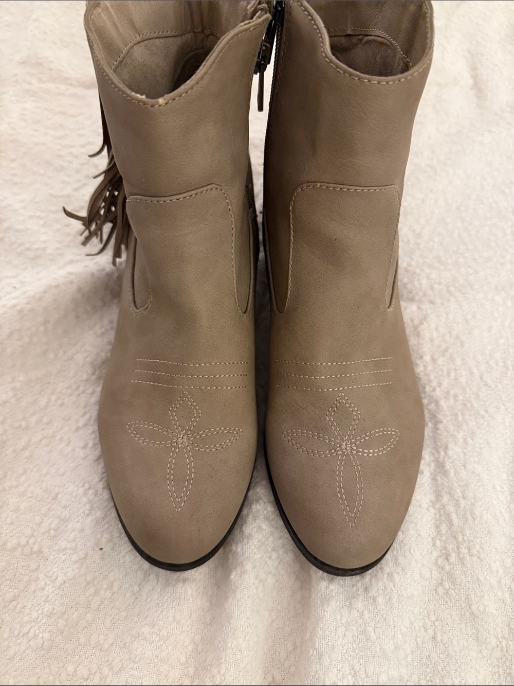Sam & Libby Taupe Faux-Suede Fringe Ankle Boots
